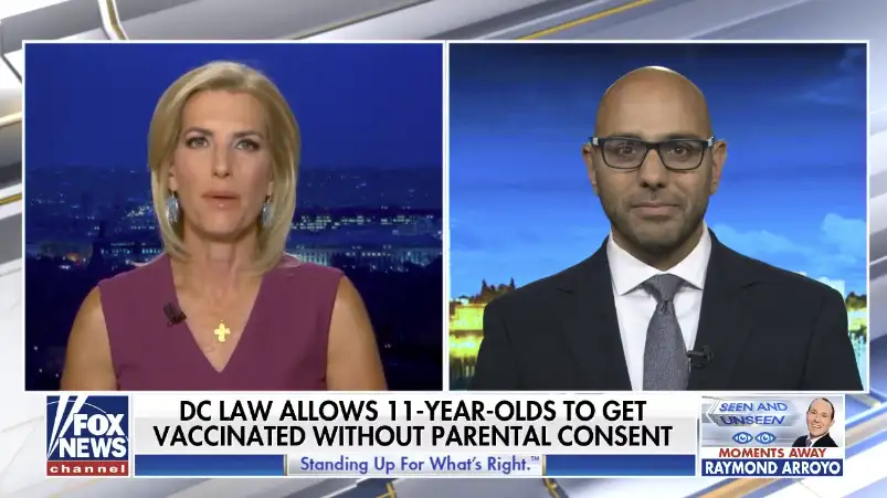 video overlay image of aaron siri on fox news ingraham angle discussing parental rights being suppressed in regards to minors getting vaccines