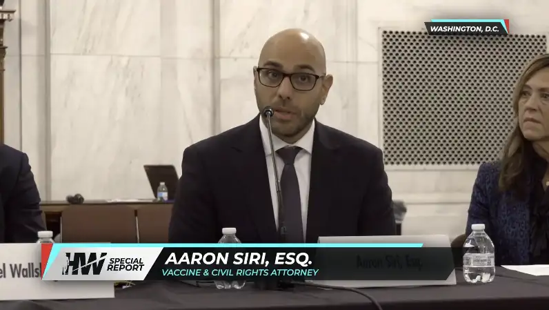 video overlay image of aaron siri testifying at senate panel