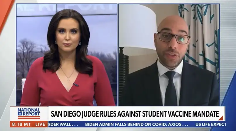 video overlay image from newsmax featuring aaron siri discussing vaccine mandates
