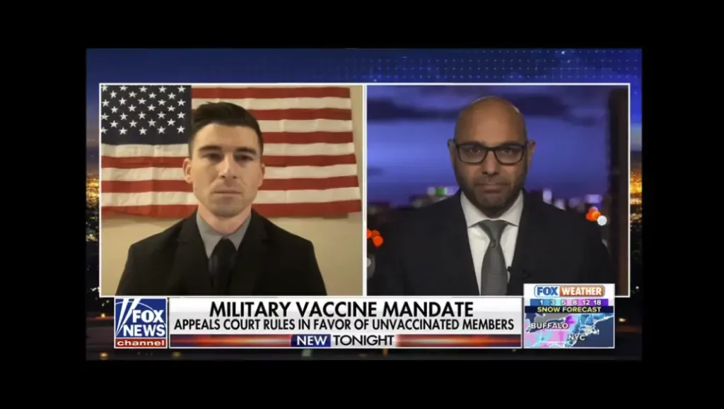 video overlay image of fox news with aaron siri discussing repeal of military vaccine mandates