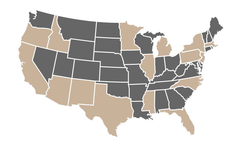 Admitted States: Arizona • California • District of Columbia • Florida • Idaho • Illinois • Massachusetts • Michigan • Minnesota • Mississippi • New Jersey • New Mexico • New York • North Carolina • Oregon • Pennsylvania • Texas