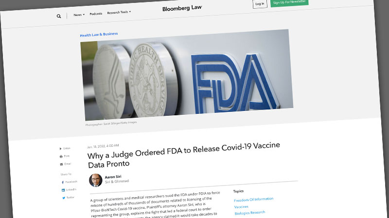 image of bloomberg law article explaining why the fda was forced to relase covid-19 data