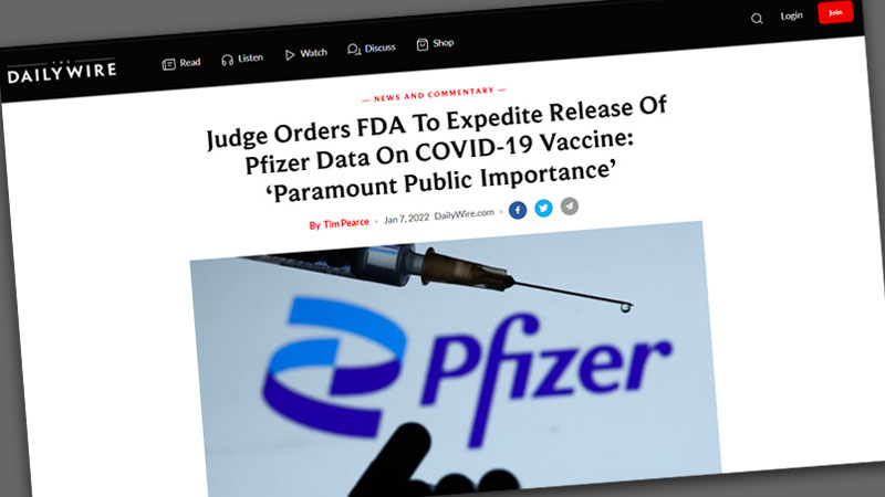 image of daily wire article covering fda pfizer data release referring to aaron siri's substack article