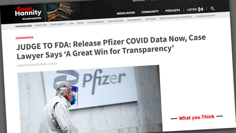 image of sean hannity article highlighting success in forcing FDA to release pfizer data now