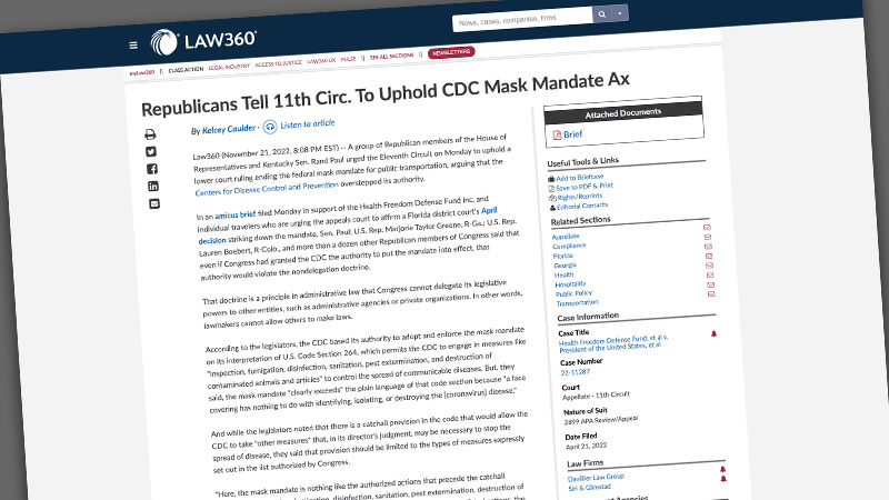 image of law360 webpage article on upholding axing mask mandates on public transportation