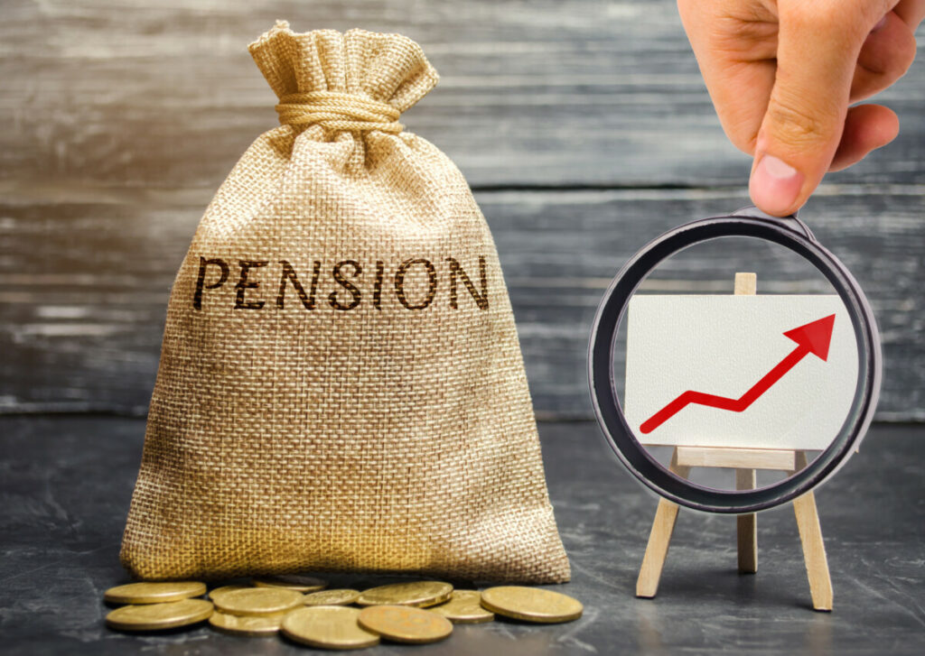 Moneybag that says "PENSION" with coins around it.
