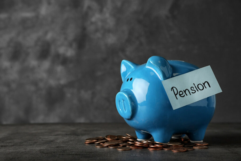 Blue piggy bank with a tag that says "Pension."
