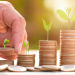 Stacks of coins with plants buds growing on top of each and a finger counting them.