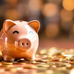 Copper piggy on top of and surrounded by pennies