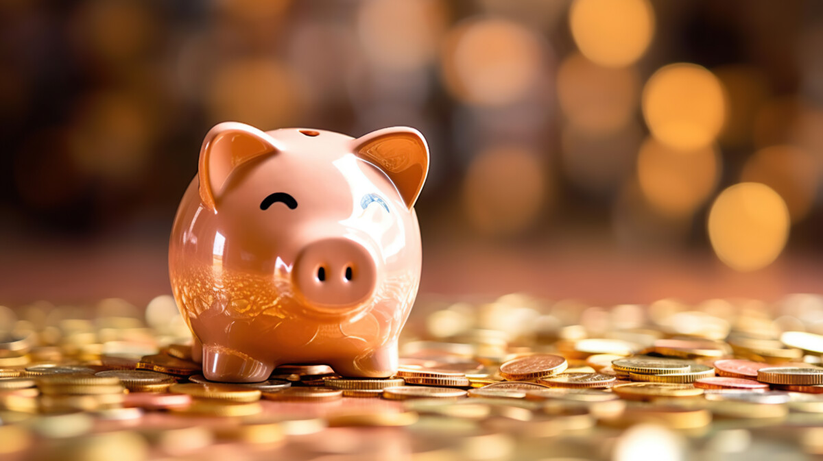 Copper piggy on top of and surrounded by pennies