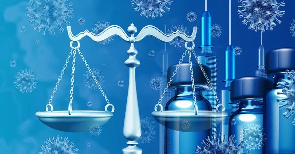 image of justice scales in front of vaccine vials and needles
