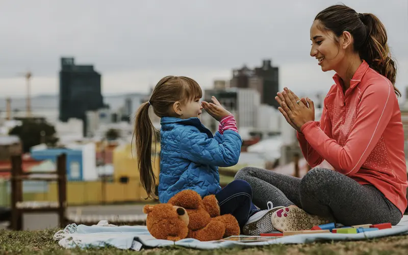 image of an au pair playing with a child outside on a blanket