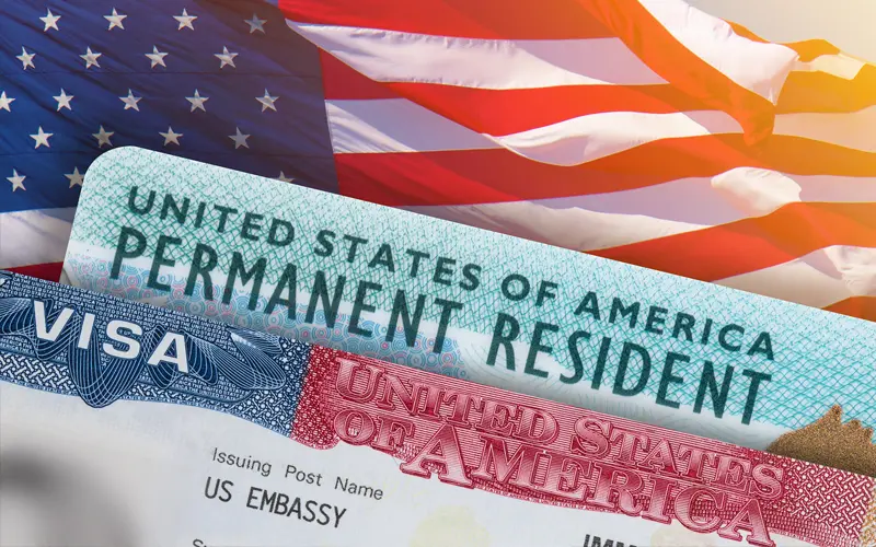 citizenship and naturalization collage image of american flag, permanent resident card and visa