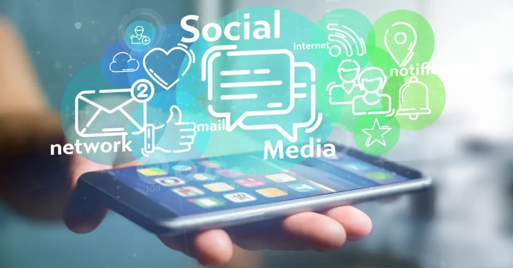 image of a cell phone with social media icons flowing out of it, representing social media and its effects on immigration
