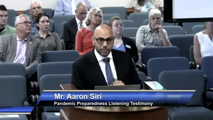 video overlay image of aaron siri at pandemic preparedness listening tetsimony south carolina