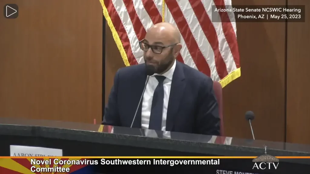 video overlay image of aaron siri at arizona state senate hearing