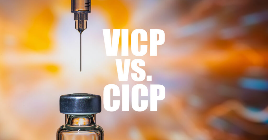 image of needle and vaccine vial with text overlay of "VICP vs. CICP"