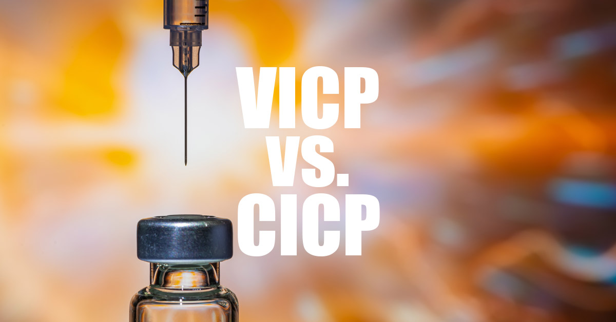 image of needle and vaccine vial with text overlay of "VICP vs. CICP"