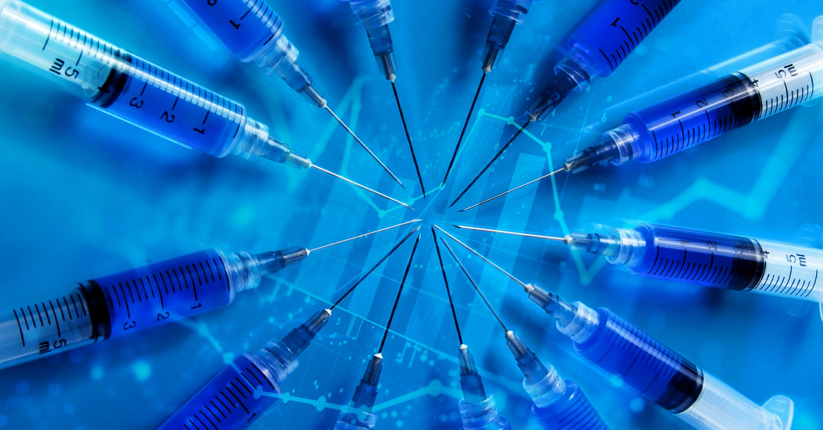 image of vaccine needles overlayed by a chart representing vaccine injury frequency