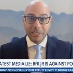 video overlay image of aaron siri on newsmax with rob finnerty discussing new york times lies about vaccines