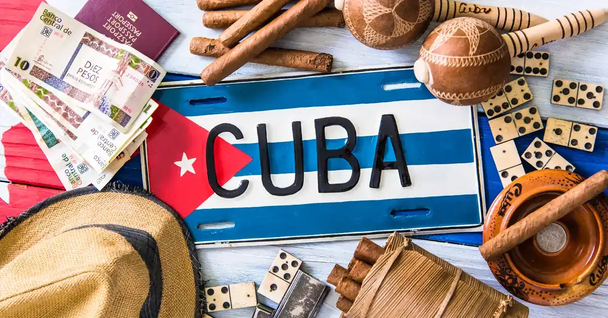 montage image of typical cuban items, including currency, cigars and a license plate