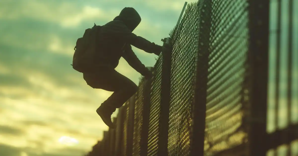 image of an undocumented criminal climbing a border fence, representing the laken riley act