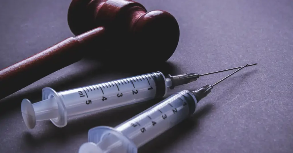 image of a gavel and syringes representing vaccine injury court