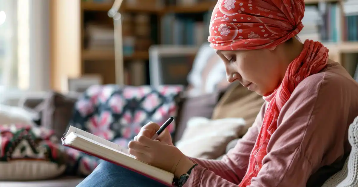 image of a woman who appears ill writing in a journal, representing documenting your vaccine injury