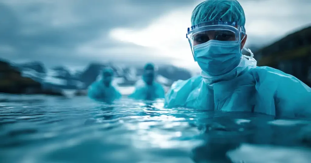image from eye level of doctors in scrubs and masks in a river symbolizing the navigation of healthcare