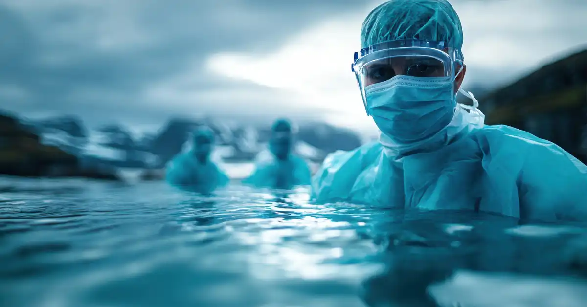 image from eye level of doctors in scrubs and masks in a river symbolizing the navigation of healthcare