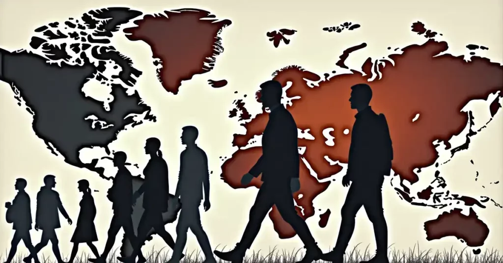 imagen de un mapa mundial con siluetas de personas caminando frente a él, lo que representa la inmigración y la movilidad global