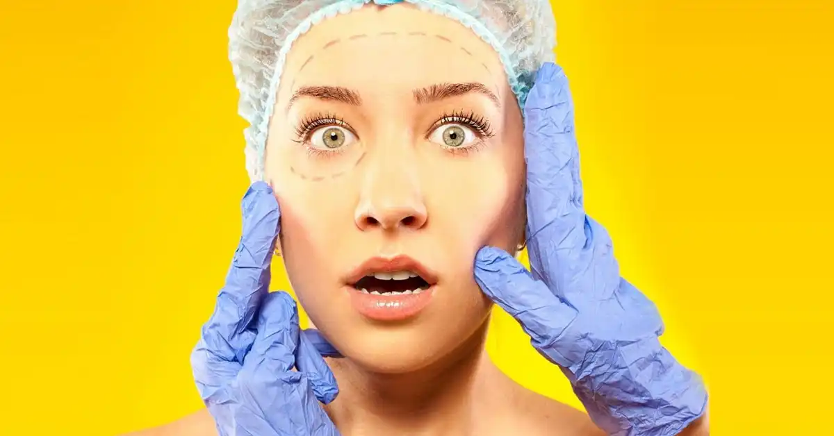 close up of a woman's face with dotted lines on it and her eyes wide open representing plastic surgery gone wrong
