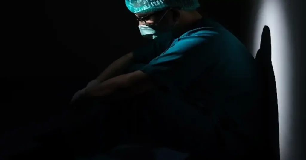 image of a surgeon in a dark room sitting on the floor representing surgery injury