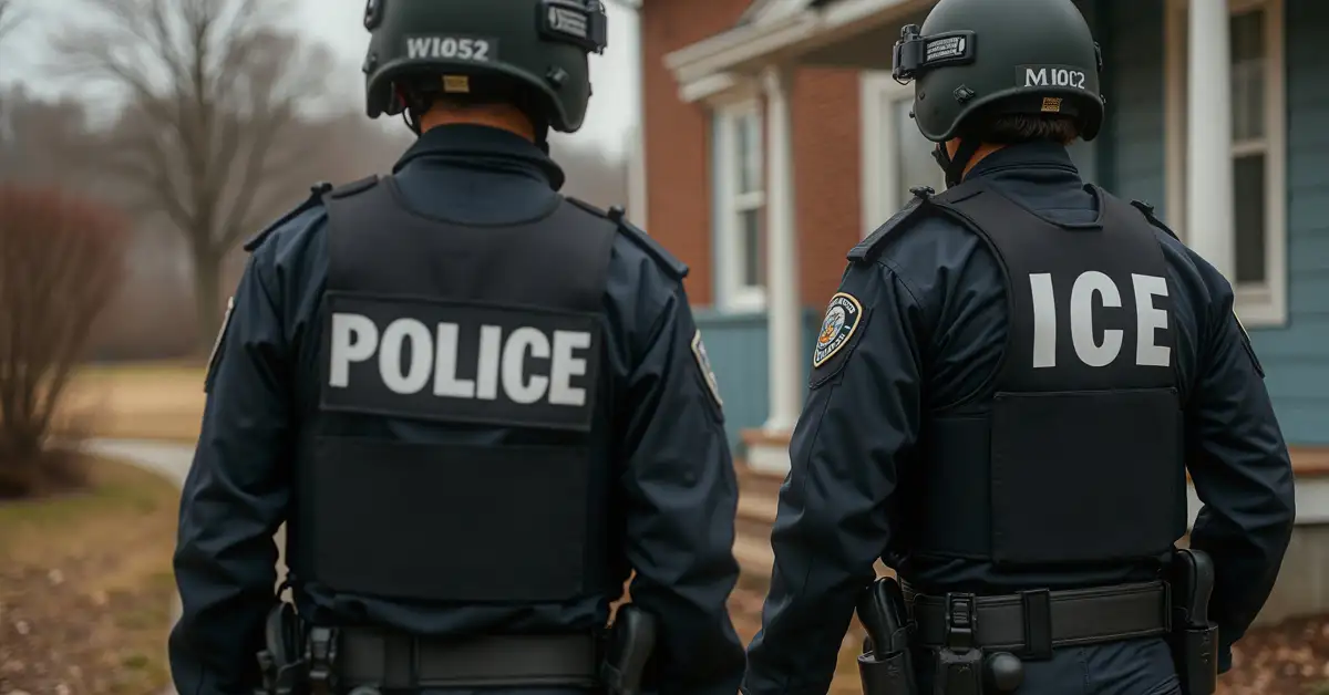 image of a police officer and and ICE agent approaching the home of suspected visa overstay violater