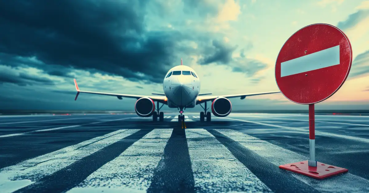 image of airplane on runway with a do not enter sign, representing travel ban