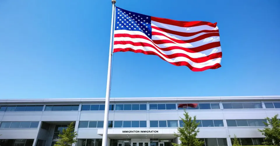 The image depicts a government building prominently displaying the American flag, symbolizing immigration services that assist individuals seeking lawful permanent resident status, such as obtaining a green card or immigrant visa. This location represents the essential processes related to citizenship and immigration services for foreign nationals.