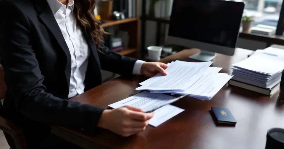 A person is seated at a desk, reviewing immigration documents, including a passport and various paperwork related to applying for an immigrant visa or green card. The scene reflects the important process of navigating immigration law and adjusting status for lawful permanent resident status.