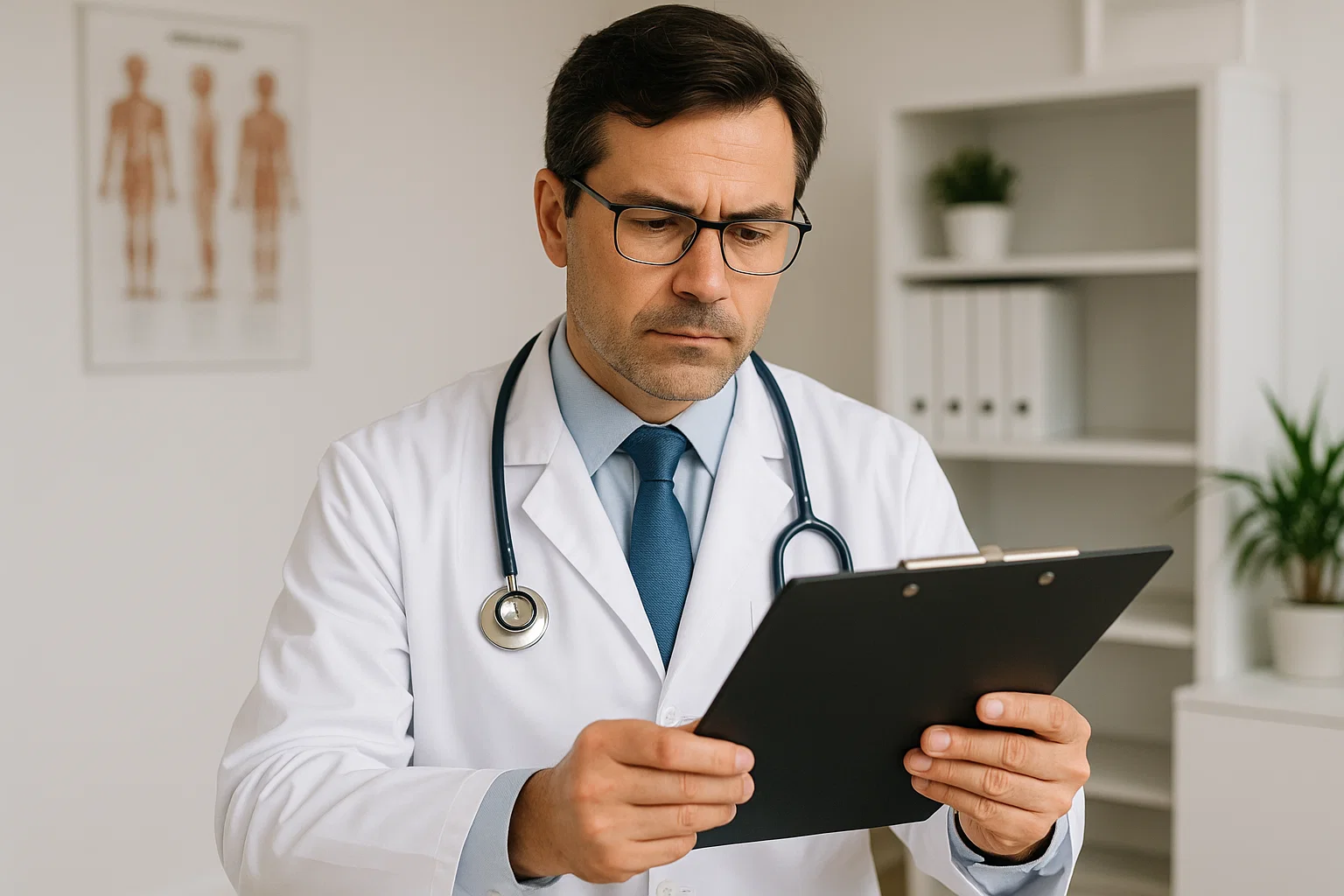 Doctor Doctor reviewing a GBS Diagnosis, wearing white coat and stethoscope reviewing patient medical chart