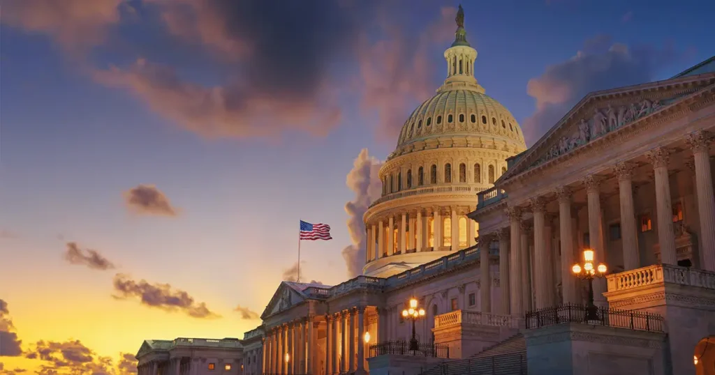 The image depicts the congress building prominently displaying the American flag, symbolizing justice and governance. This setting is significant for those seeking legal recourse for issues such as vaccine injury claims related to flu vaccinations or other medical treatments.