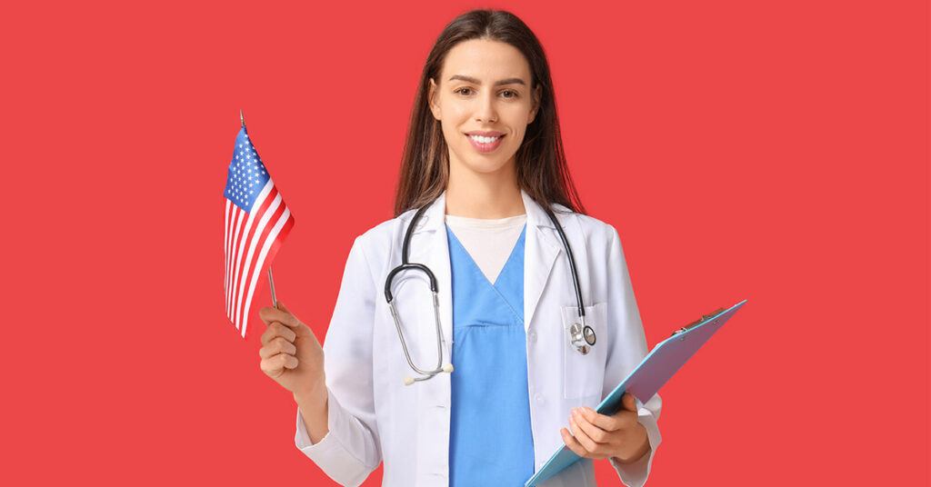 Medical professional holding a U.S. flag, representing healthcare-related immigration issues handled by immigration attorneys.