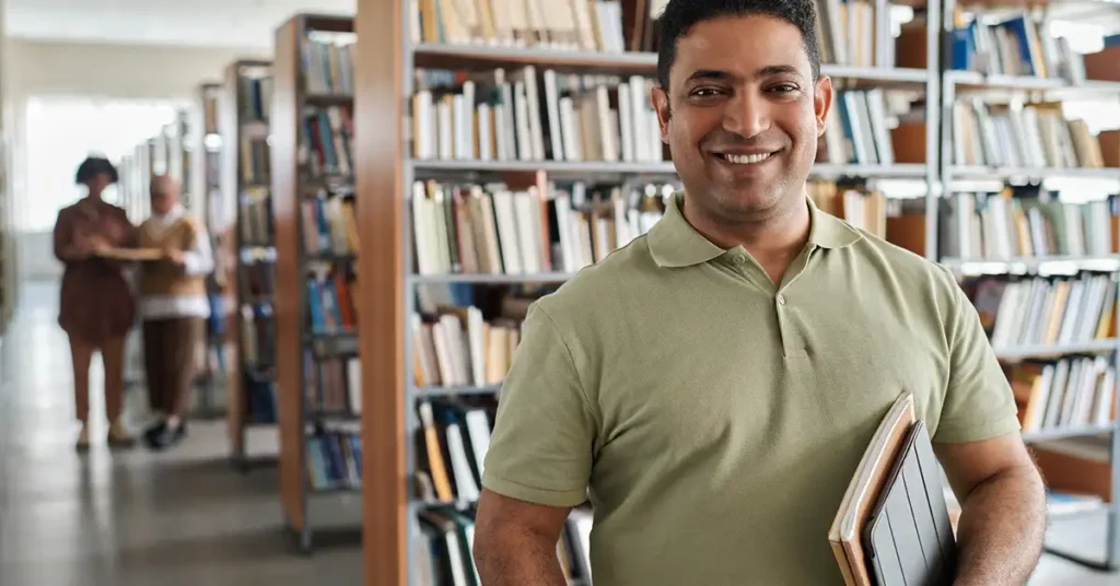 An adult student holding books in a library, representing education-related immigration matters assisted by immigration attorneys.