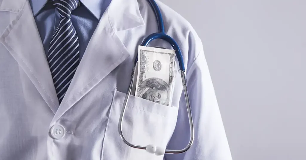 Doctor lab coat with stethoscope and money, representing workplace vaccine mandate pressure