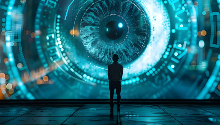 background of an all seeing eye in electronics representing internet surveillance