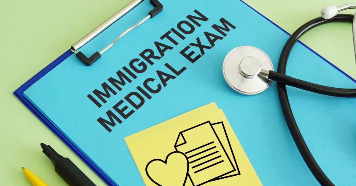 Clipboard labeled “Immigration Medical Exam” with a stethoscope, representing medical documentation handled by immigration attorneys.
