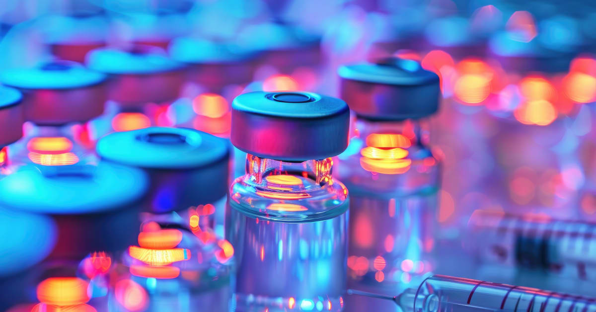 vaccine-bottles-glow Close-up of vaccine vials and a syringe under colorful lighting, representing vaccination-related immigration requirements handled by immigration attorneys.