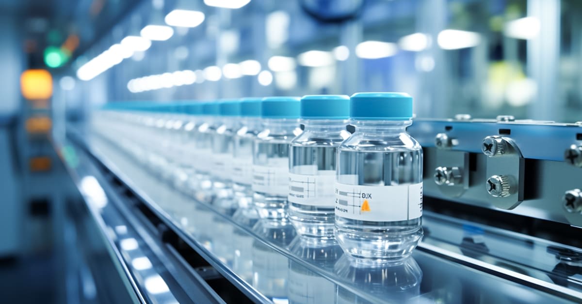Vials moving along a pharmaceutical production line, illustrating vaccine manufacturing and distribution