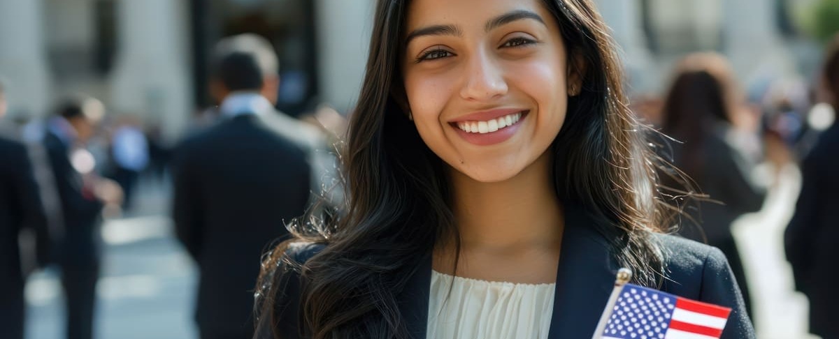 A woman smiling while holding a small U.S. flag, reflecting citizenship and immigration matters assisted by immigration attorneys.
