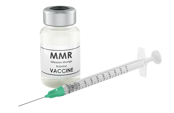 MMR vaccine vial and syringe for measles, mumps, and rubella vaccination